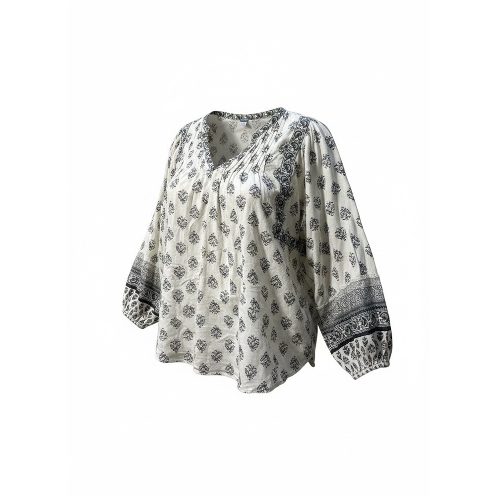 Old Navy Peasant Blouse Womens XXL Cream Black Excellent Boho Block Print Top